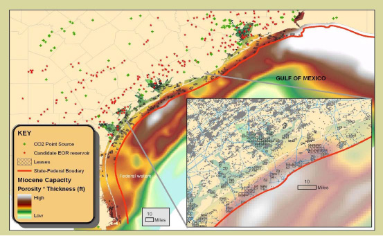 CO2 Storage Capacity in Saline Formations in the Gulf Coast Region. Storage capacity is indicated in a “high to low” scale as indicated by color contours.