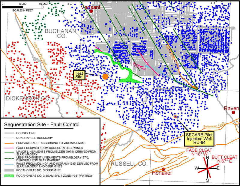 Proposed test site location near Buchanan County, VA and surrounding well locations.