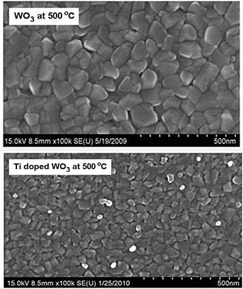 SEM pictures of tungsten oxide (WO3) and WO3 doped with titanium nanomaterials.