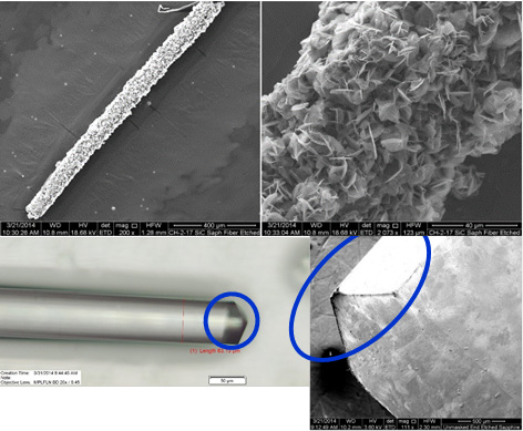 Conversion of Single Crystal Sapphire Fiber to Mullite via VT SiC masking technique (for creating features in fiber) [Top], Angled Edge on the End of a Single Crystal Sapphire Fiber and Fiber Size Reduction via VT Etching Process [Bottom Left], Angled Edge on Single Crystal Sapphire Wafer via VT Etching Process [Bottom Right]