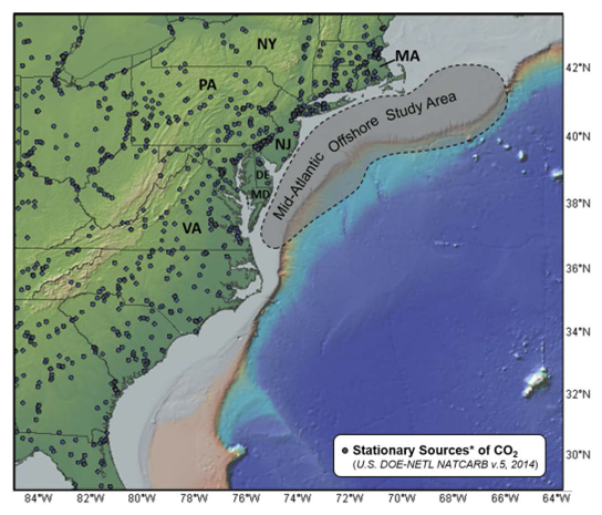 Figure 1: Map of the eastern United States coastal region showing the location of the study area and the onshore locations of stationary CO2 sources.