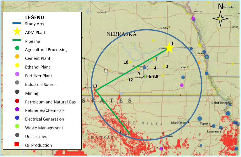 Figure 1: Study area covering Nebraska and Kansas showing stacked storage corridors alongside CO2 sources and oil fields.