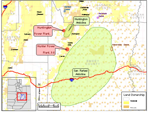 Map detailing locations of the proposed primary CO2 source and injection site, the Hunter Power Plant, and the secondary CO2 source and injection site option, the Huntington Power Plant. Also shown is the proposed Storage Complex, comprised of the San Rafael Anticline and the adjacent Huntington Anticline, and surface land ownership.