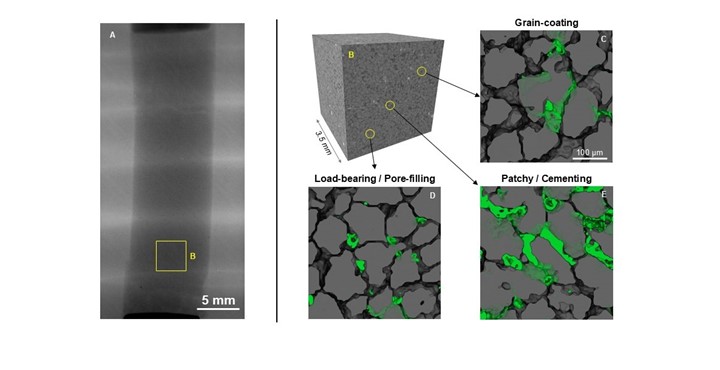 NETL’s methane visualization tool gives researchers a glimpse into methane hydrates as they exist in nature. As seen here, the methane hydrates (green) exhibit different characteristics in pores throughout the sediment.
