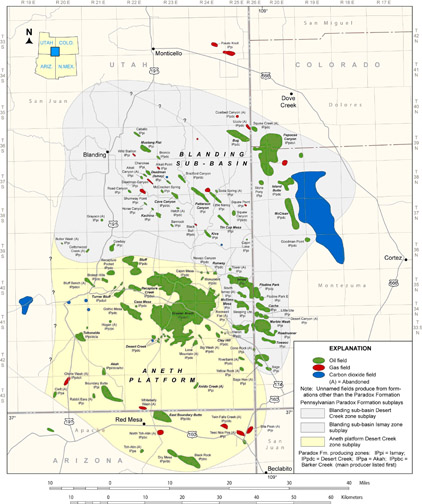 Location of the Paradox Formation Blanding sub-basin Desert Creek zone, Blanding sub-basin Ismay zone, and Aneth platform Desert Creek zone subplays, southeastern Utah, southwestern Colorado, and northeastern Arizona.