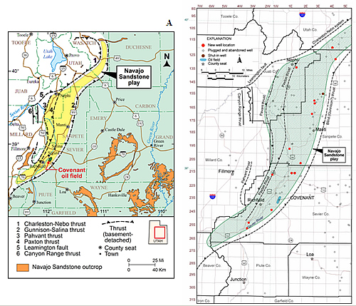 A - Location of Covenant oil field, uplifts, and selected thrust systems in the central Utah thrust belt province. Numbers and sawteeth are on the hanging wall of the corresponding thrust system. Colored (light orange) area shows present and potential extent of the Jurassic Navajo Sandstone central Utah thrust belt. Modified from Hintze (1980), Sprinkel and Chidsey (1993), and Peterson (2001). B - Jurassic Navajo Sandstone Hingeline play area showing regional exploratory well locations.