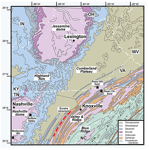 Simplified geologic map of parts of Kentucky, Tennessee, North Carolina, Virginia, and West Virginia showing the major structures, geologic units, cities, and physiographic provinces. The locations of the Eureka structure, Rose Hill field, and Swan Creek field are also shown. Geology compiled and slightly modified from thegeologic maps of Ketucky, Tennessee, North Carolina, Virginia, and West Virginia published by the respective state geological surveys.