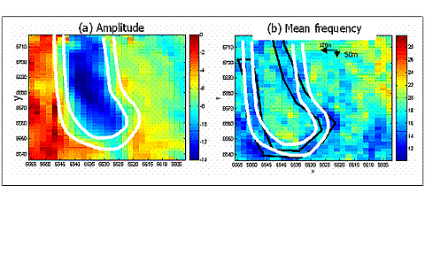 A high attenuation ring is observed around King Kong amplitude anomaly. (a) Near offset amplitude on top sand horizon; (b) Mean frequency below reservoir. The location is shifted down-dip direction: about 120 meters to the leftwards and 50 meters downwards.