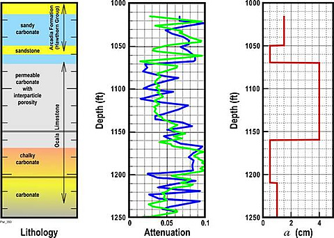 Comparison between observed (gray line) and calculated (heavy line) attenuation logs with the lithology at the south Florida aquifer. The a-log shows the change of vug size in the lithological units.