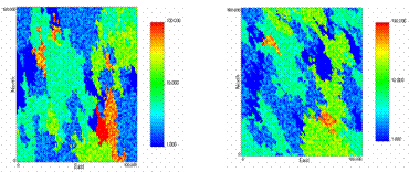 Demonstration of the new history matching method. Shown is one layer of a five-layer 3D domain: (left) the actual permeability field (middle) the initial guess (right) the history matched result.