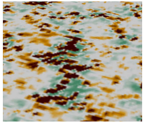 Spectral ratio attribute expanded at the CO2 injection well and including nearby production wells that define the pattern.