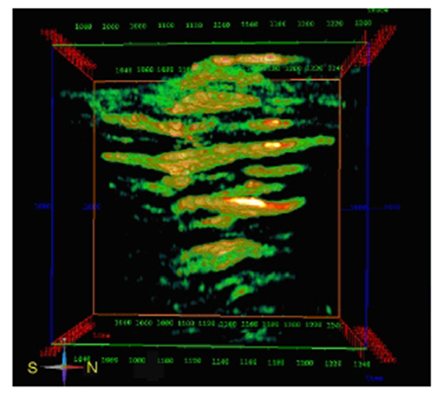 3-D perspective view of seismic reflection amplitudes from the 2002 Sleipner North Sea data set. Clouds of high-amplitude values delineate the location and extent of the CO2-saturated zones within the Utsira sand.