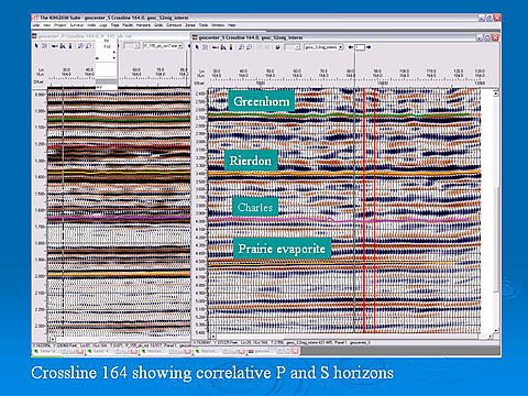 Processed compression data next to the time-shifted horizontal shear (SH) data demonstrating their correlative horizons.