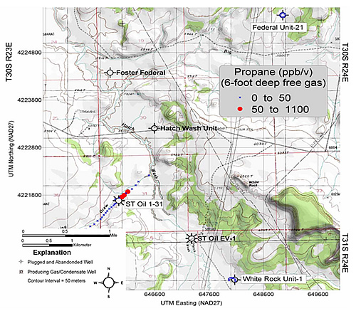 Absolute concentration (ppb/v) of propane in free gas samples collected over the Lightning Draw Southeast field anticline and the surrounding area. Base map: La Sal 30X60’ topographic quadrangle map, U.S. Geological Survey.