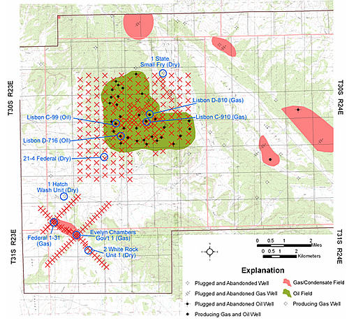 Sampling grid for the surface geochemical survey over Lisbon and Lightning Draw Southeast fields, San Juan County, UT. Red X’s represent sample locations. About 270 shallow soil samples were collected at 1,500-foot intervals over an area of 16 square miles at Lisbon and along northwest-southeast and northeast-southwest grid lines at Lightning Draw Southeast. During the initial phase of the survey, 135 samples were collected around selected gas, oil, and dry wells over the gas caps, oil leg (present only at Lisbon), and water legs of the fields (10 to 15 samples at each of 10 wells [large blue circles]). Base map: La Sal 30X60’ topographic quadrangle map, U.S. Geological Survey.