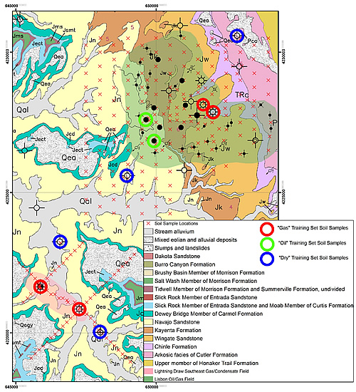 Distribution of grid, line, and training set soil samples collected over and around the Lisbon and Lightning Draw Southeast fields superimposed over geologic map modified from Doelling (2005).