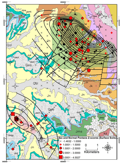 Distribution of iso- and normal-pentane Z-scores in surface soils over the Lisbon and Lightning Draw Southeast fields. Surface geology modified from Doelling (2005); see figure 2 for explanation of geologic units. Lisbon and Lightning Draw southeast fields shown in bluish green and pink, respectively.