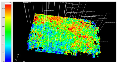 Net porosity in the pay interval for reservoir unit UI1 using the multivariate regression model to predict reservoir properties from multicomponent attributes.