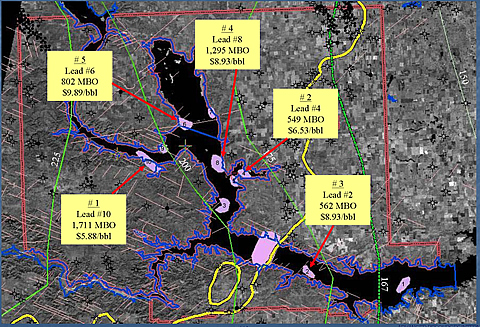 Map of Lake Sakakawea region showing the top 5 leads geneerated with their estimated reserves, as well as estimated finding and development costs per barrel.