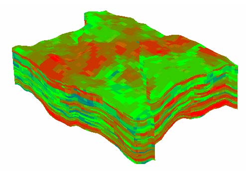 An illustration of impact of dynamic data integration on permeability distribution: (Top) permeability model based on static data only; (Bottom) permeability model updated after integration of water-cut response (from SPE 89857).