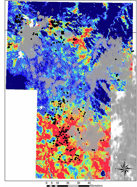 Winter habitat suitability in the Powder River basin. Black dots are radio-marked birds; gray shows CBM well locations; warmer colors equate to better habitat for birds.