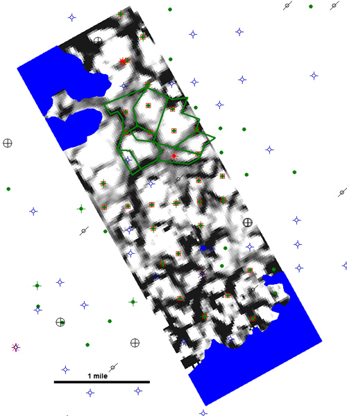 Most positive curvature map on Spergen over the Smoky Creek field and the Cheyenne Wells field shows reservoir compartmentalization due to karst processes. Proposed infill wells will be drilled in mid-2008. The area colored in blue is where the Spergen (reservoir layer) is below the oil-water contact.