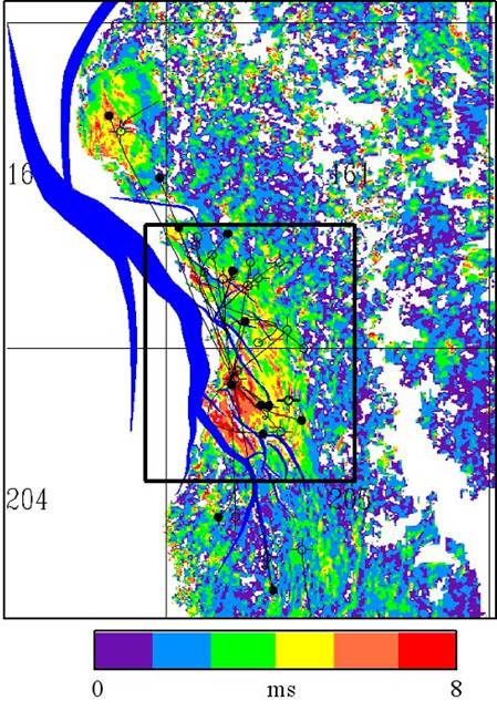 Observed time shifts in milliseconds in time-lapse seismic data from the Genesis Field, Gulf of Mexico.