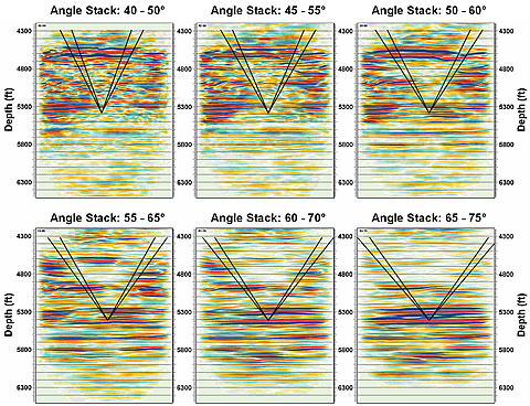 Six angle range stacks of the complete seismic section, illustrating the changing nature of reflectors with differing angles. Each image covers same depth range and all are approximately 1:1. Note that the deeper reflections are coherent and strong only at wide angles, where the rays have not passed through the center of the reef.