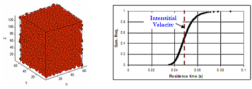 Above left is a computer generated dense packing of spheres, which serves as a model sediment like those used for pore-scale dispersion measurements reported previously in this project. Above right is result of direct simulation of particle tracking within the pore space of this packing, using a physically representative network to compute the flow field. The results are consistent with experimental observations and will be the basis for examining the role of diffusion at this scale.