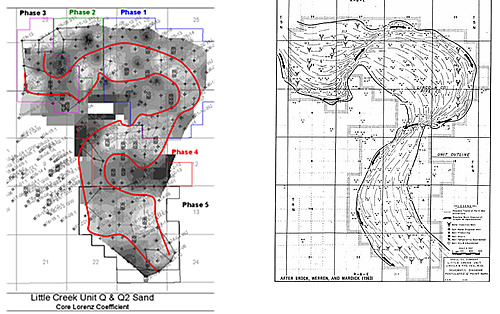 Krigged map of well Lorenz Coefficients from historical core analysis adjacent to an interpretation of the stream flow from internal Shell documents. Lorenz Coefficients have been used to direct simulation rock types in order to aid history matching efforts.