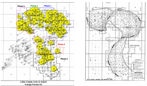 Bubble map of “Q Sand” porosity adjacent to an interpretation of the stream flow from internal Shell documents. Porosity values are more heterogeneous than Denbury realized and have influenced Denbury’s pattern performance evaluations.