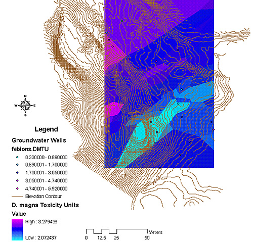 Predicted groundwater toxicity to Daphnia magna. Toxicity units (TU’s) are acute (48 hr) LC50’s standardized to 100% solution. Increased TU’s (warmer colors) indicate increased mixture toxicity.