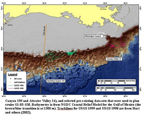Canyon 195 and Atwater Valley 14), and selected pre-existing data sets that were used to plan cruise G1-03-GM. Bathymetry is from NGDC Coastal Relief Model for the Gulf of Mexico (the brown/blue transition is at 1300 m) Tracklines for USGS 1999 and USGS 1998 are from Hart and others (2002).