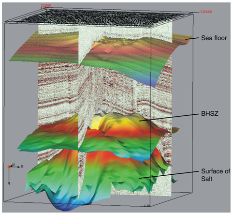 A 3D model of the shallow subsurface (0 - .5 sec), at submeter resolution, constructed from Consortium high resolution seismic data