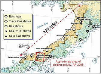Bristol Bay region and Alaska Peninsula, showing the state area-wide location, previous wells, and the block, within which 2005 oil and gas leases were bought by Shell Oil Corporation and Hewitt Minerals Corporation for a combined total of $1.3 million.