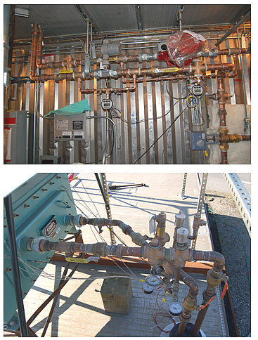 Exhaust heat recovery system components: pipe system (top); heat exchanger and connecting pipes (center); unit heater and connecting pipes (bottom).