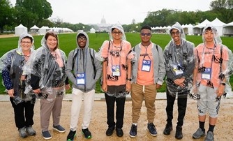 Coach Chris Maloney, assistant coach Lee Ann Boylstein, Pranav Sure, Pavan Subramani, Amari Knights, Ryan Karim and Caden Yao of Suncrest Middle School in Morgantown, West Virginia, pose at the 2023 National Science Bowl Friday, April 28, 2023, in Washington, D.C.