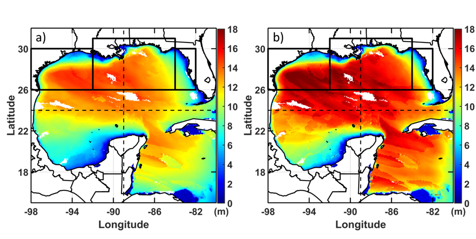 Wave modeling shows significant wave height. The data, enabled by NETL’s Joule 2.0 supercomputer, was obtained from physics-based modeling of the Gulf Coast of Mexico.