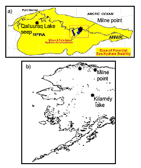 Maps: a) Alaska North Slope Gas Hydrate stability zone extent (Courtesy of USGS); b) The locations of the three study sites in the Alaska.