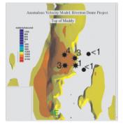 Map showing location of six blind test wells relative to anomalous velocity measurements from Riverton Dome survey analysis