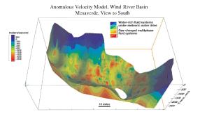 Inclined view of a 3-D anomalous velocity model for the Mesaverde stratigraphic volume in the Wind River Basin