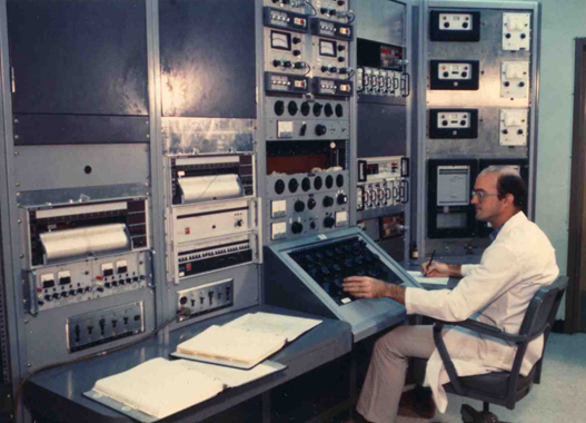 Rob Chirico at the adiabatic calorimeter console, circa 1984.
