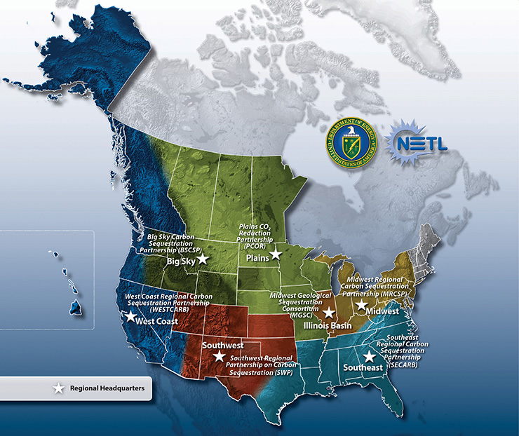 DOE has seven regional partnerships tasked with evaluating a variety of CO2 storage strategies to determine which is best suited for specific regions of the country. The WWG is organized by the Plains CO2 Reduction (PCOR) Partnership led by the Energy & Environmental Research Center at the University of North Dakota (image from Peck and others, 2012)