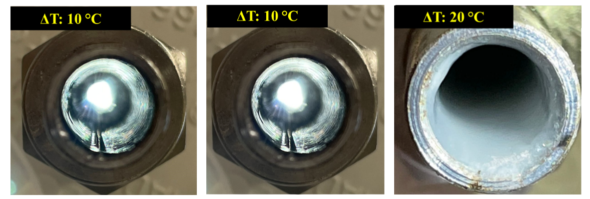 Deposition loop uncoated test section showing increase in wax deposition with increase in temperature gradients for different test runs, with uniform wax deposits formed in all cases. Treated vs. untreated loop studies with wax are ongoing.