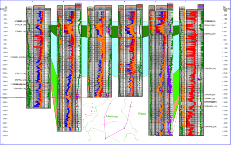 Well-based cross section through the Rogersville wells near the KY/WV border (see inset map for locations). The Rogersville Shale is highlighted in light green, with the high TOC “sweet spot” in the lower half highlighted in orange.