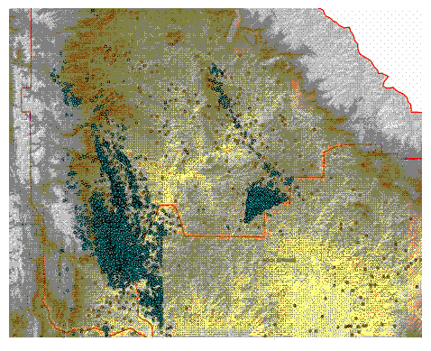 Location of new gas wells (green dots) and sage grouse nests (Brown dots) during the 2005 survey in Pinedale and Rock Springs Field Offices.