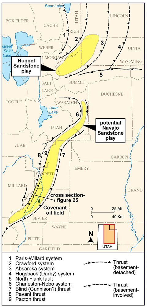 Selected thrust systems of southwestern Wyoming-northern Utah and central Utah.