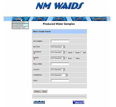 A screen shot of the NM WAIDS website. This view is of the text interface search for the Produced Water Quality Database.