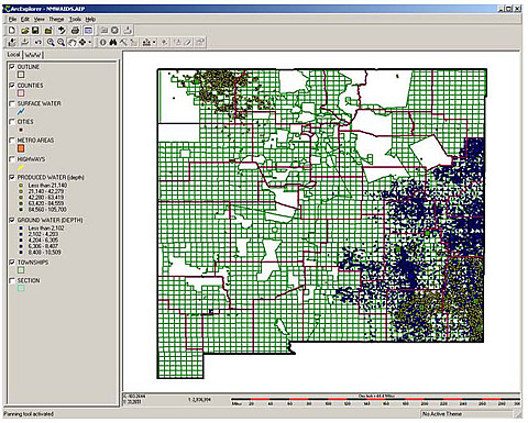 A screen shot of the ArcExplorer project included on the CD created for the project. This view shows locations of most of the produced- and groundwater-quality samples available in the database.