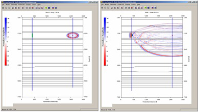 Finite-difference calculations of the seismic radiation from a source at 0.02 seconds (left) and when it reaches the receiver at 0.10 seconds (right).